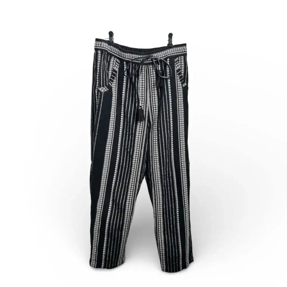 Anthropologie Beach Pants Embroidered Black & White Bohemian Cropped Medium